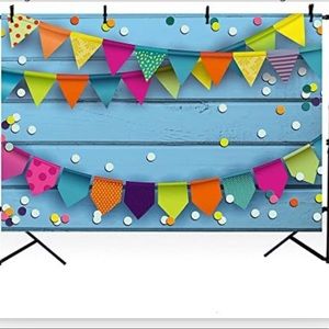 Colorful Flags and Printed Wood Backdrop